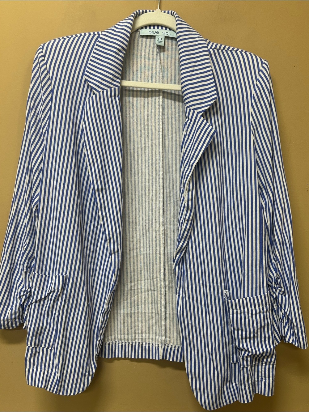 Blue Sol Striped Linen Blend Blazer Jacket Size M Ruched 3/4 Sleeves
